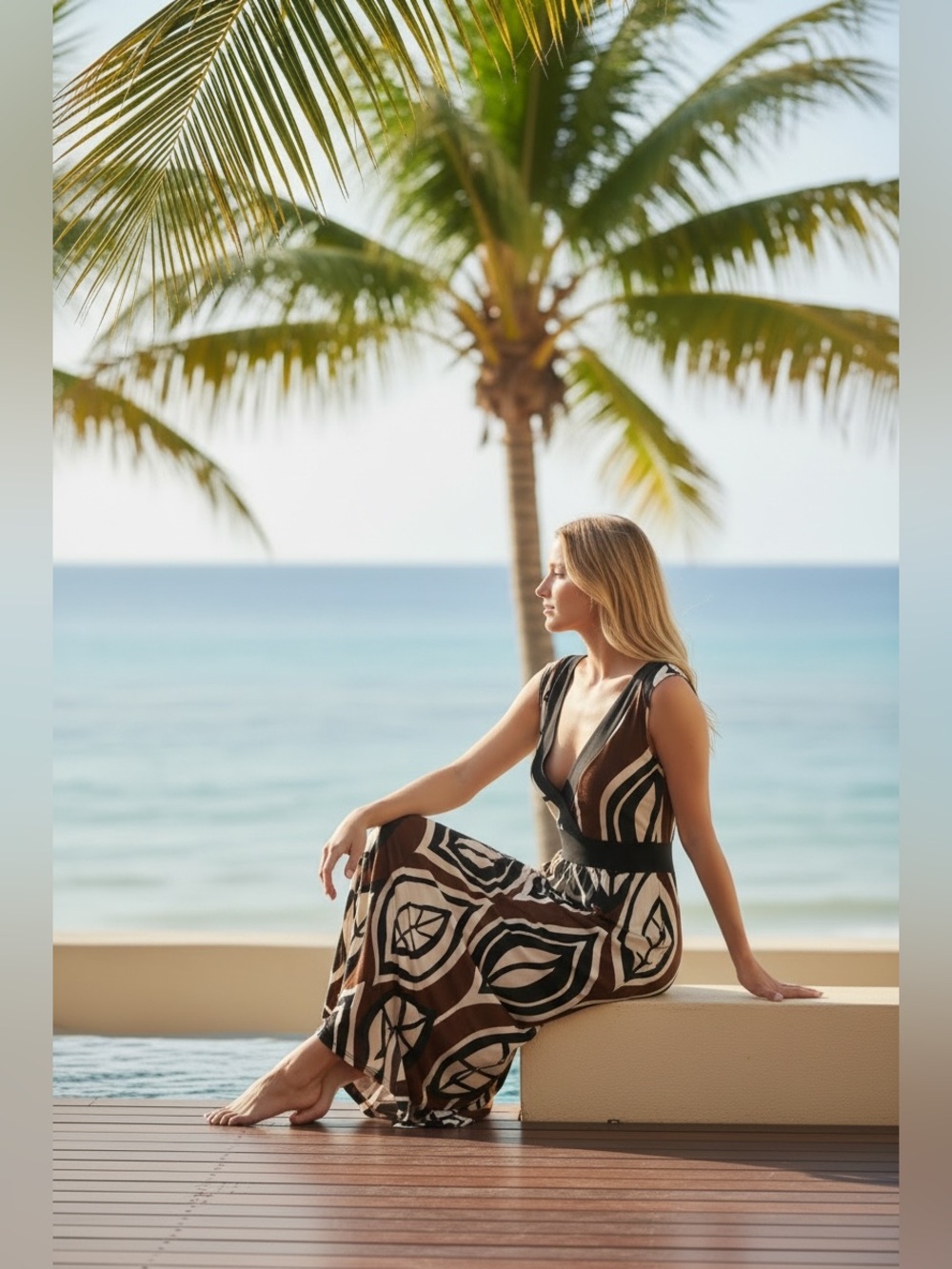 Bisou Bisou Brown Cream Maxi Dress with Black Trim